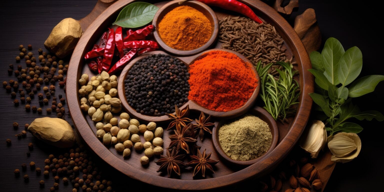 Indian spices close up. Pepper, turmeric thyme paprika cumin. Generative AI . High quality illustration